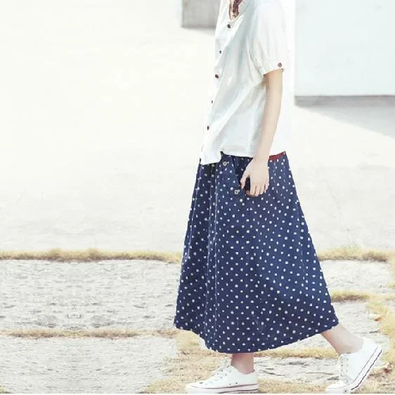 Women summer blue dotted skirts A line casual skirt