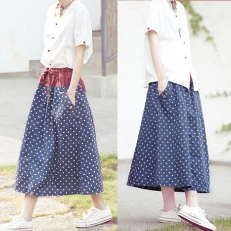 women-summer-blue-dotted-skirts-a-line-casual-skirt