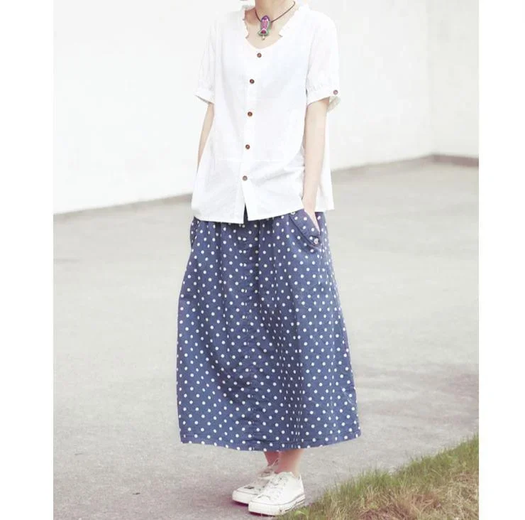 women-summer-blue-dotted-skirts-a-line-casual-skirt