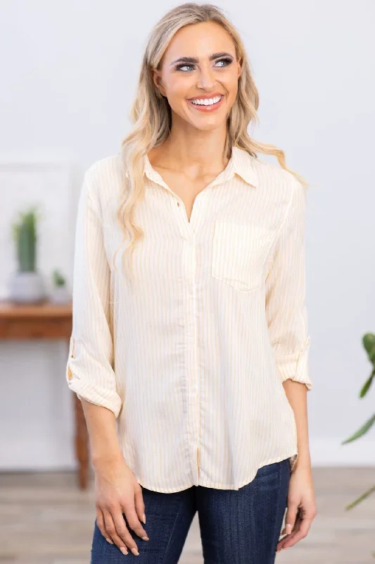 Yellow and Off White Pinstripe Button Up Top